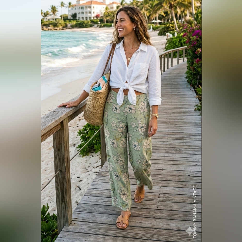 Vintage‎ Tommy Bahama 100% Silk Floral Wide Leg Pants – Sage & Cream – Size 2